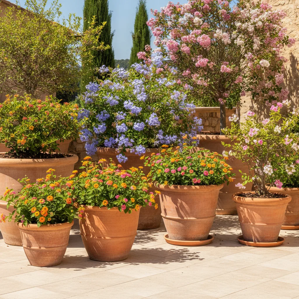 Arbustes fleuris en pot sur terrasse ensoleillée : résister à la chaleur de juin