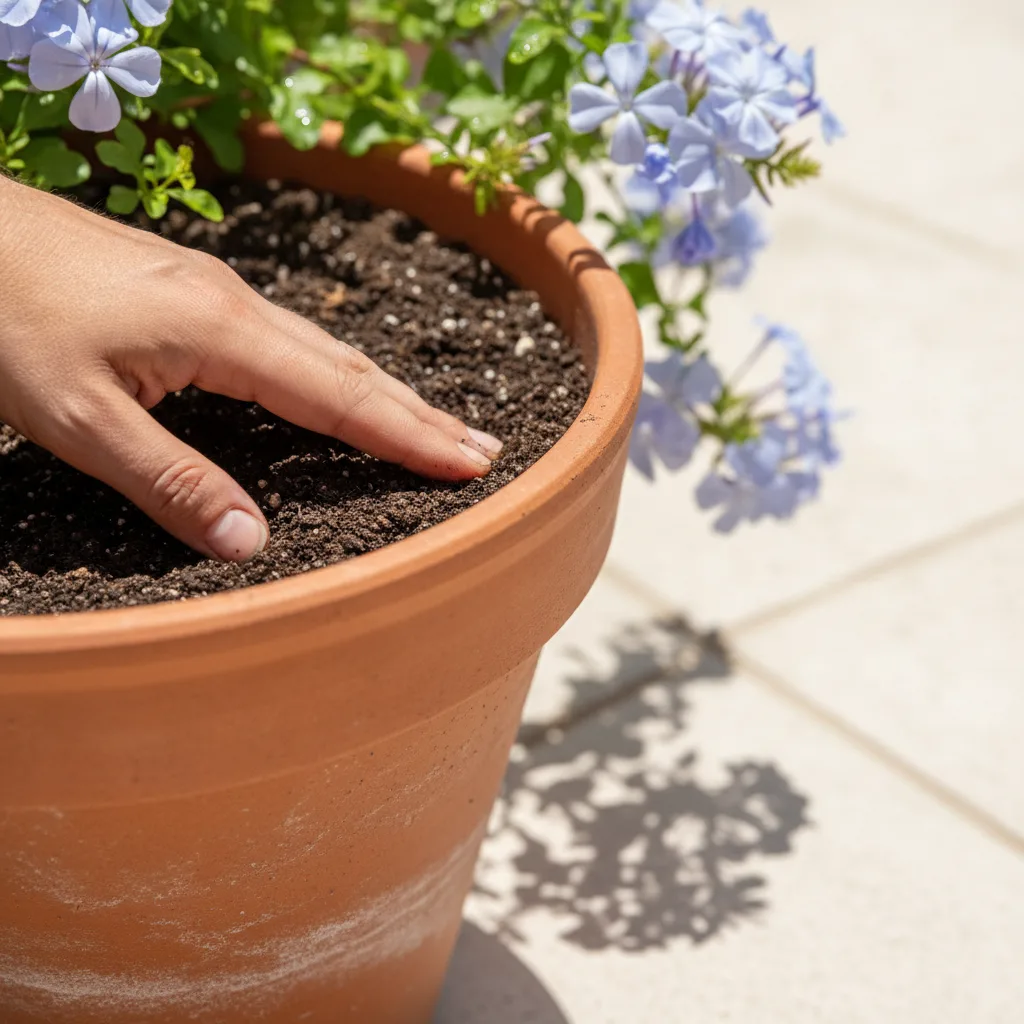 Arbustes fleuris en pot sur terrasse ensoleillée : résister à la chaleur de juin